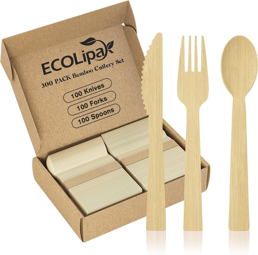 300 Count Bamboo Cutlery Set, 100 Knives, Forks and Spoons each