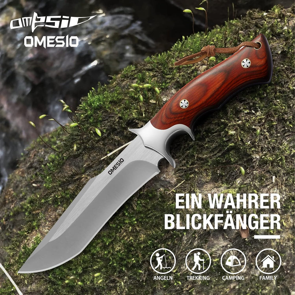 Full Tang Fixed Blade Hunting Knife with 60 HRC M390 Steel Blade | Comfortable Wood Handle, Includes Leather Sheath