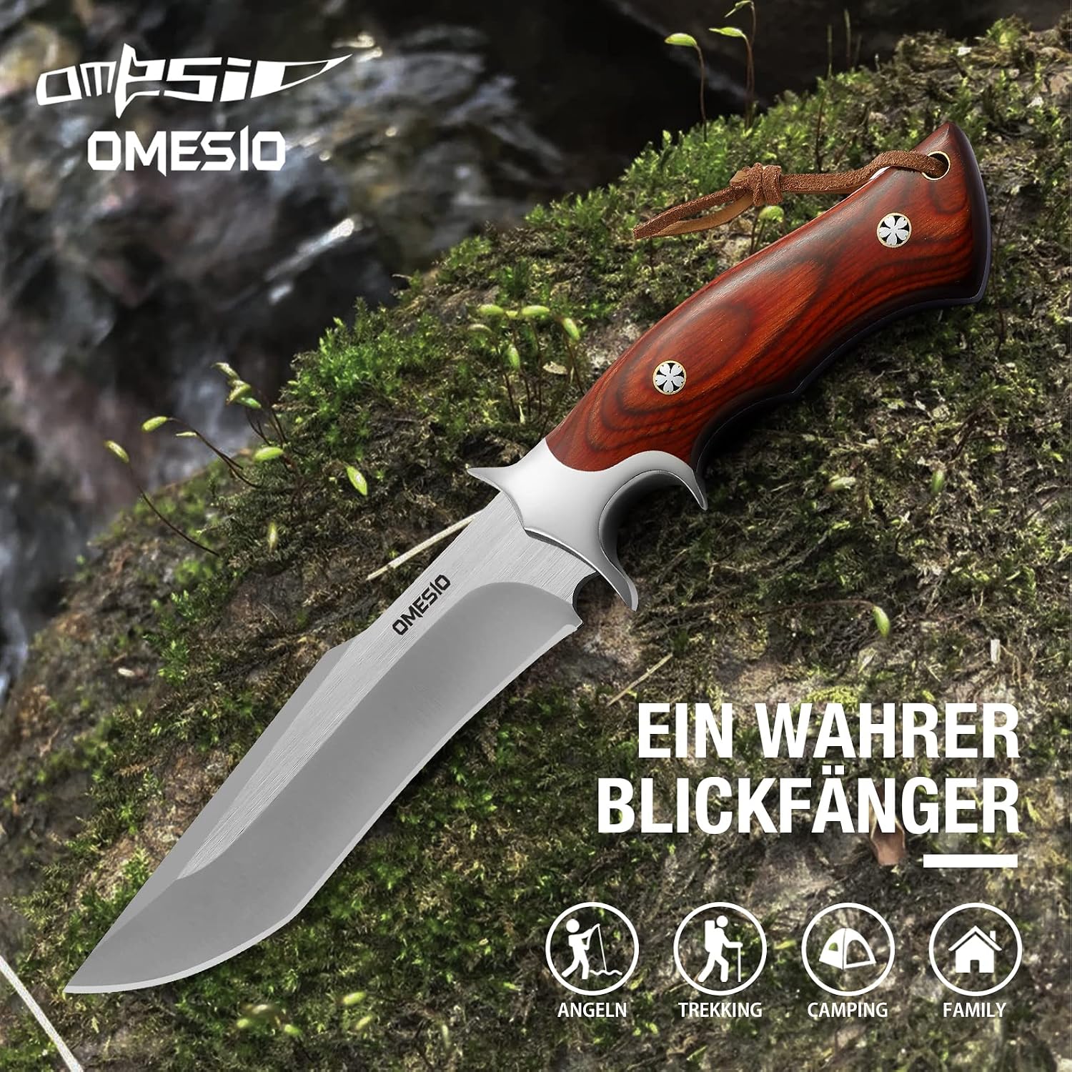 Full Tang Fixed Blade Hunting Knife with 60 HRC M390 Steel Blade | Comfortable Wood Handle, Includes Leather Sheath