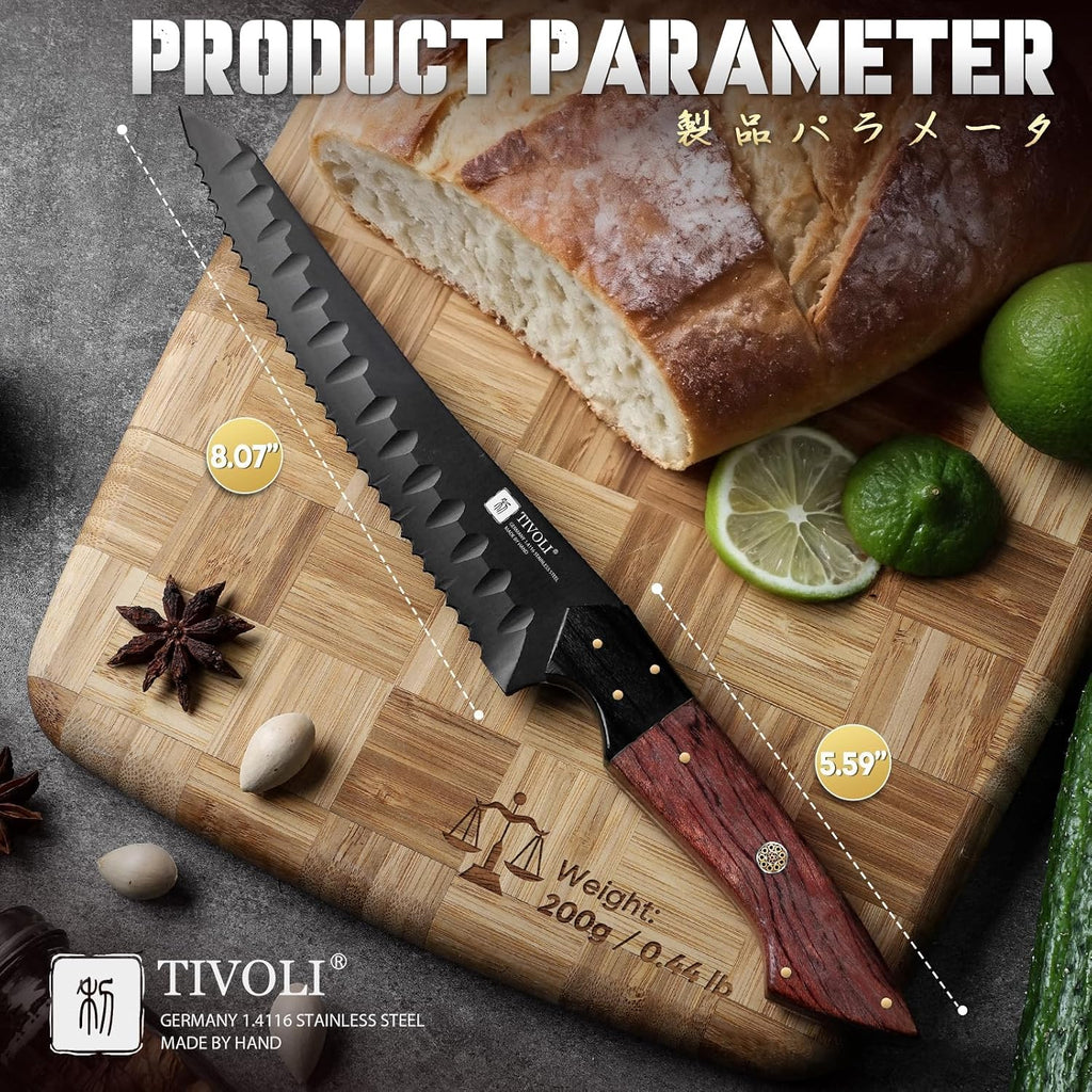 Serrated Bread Knife 8-inch - Black Bread Knife for Homemade Breads