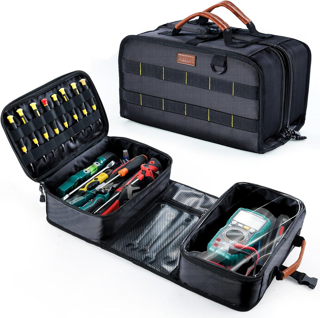 Heavy Duty Tool Bag Organizer with Clear Lid Compartments for Electrician, Portable Tool Organizer Case for