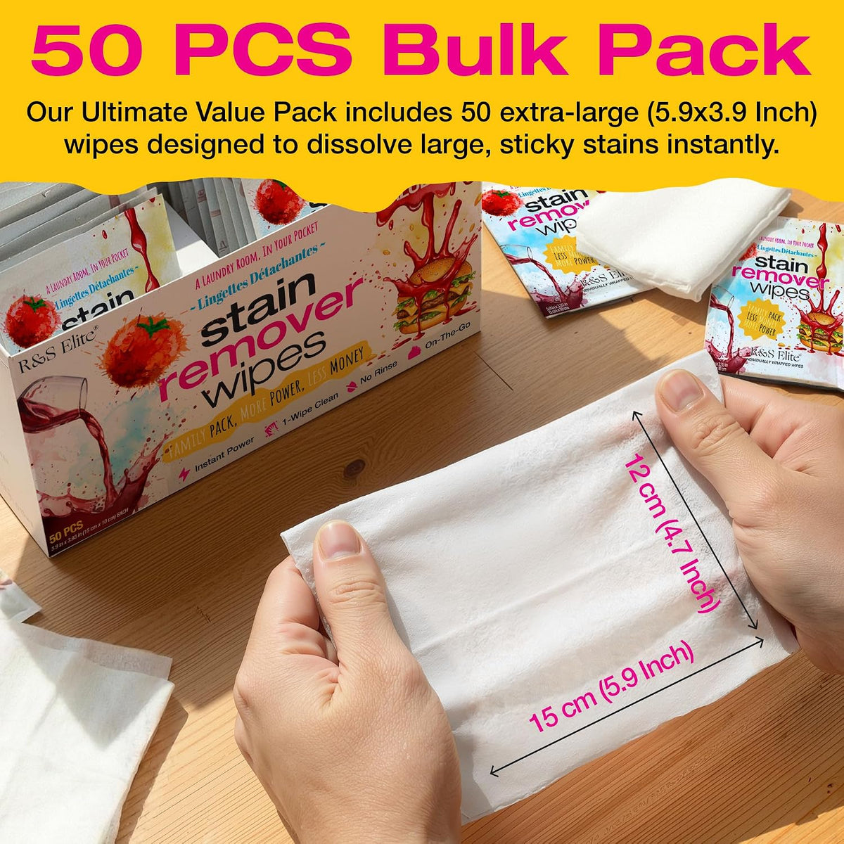 Stain Remover Wipes, 50 Count, Individually Wrapped, Instant Stain Removal