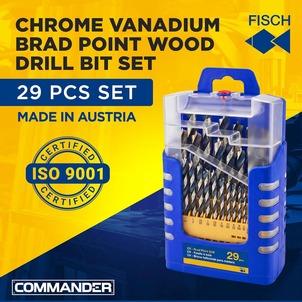 Brad Point Spiral Drill Bit Set Chrome Vanadium Sizes 1/16″–1/2″, 29 Pcs | Brad Point Drill Bit Set – Chrome Vanadium