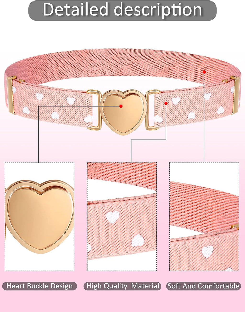3 Pieces Girl Belts Kids Toddler Belt Elastic Stretch Adjustable Heart for Girls (Pink, White, Brown), approx.1 inch/