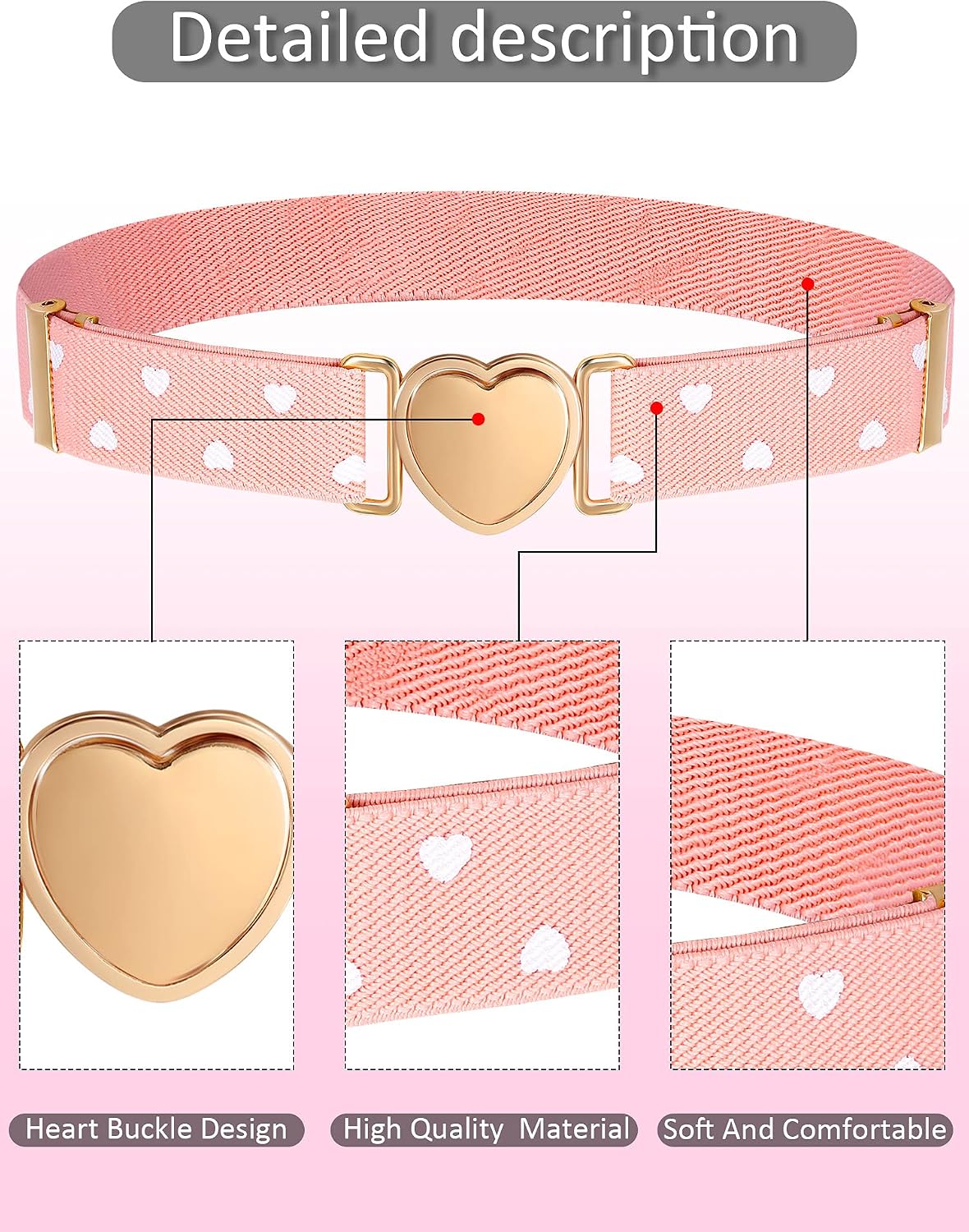 3 Pieces Girl Belts Kids Toddler Belt Elastic Stretch Adjustable Heart for Girls (Pink, White, Brown), approx.1 inch/