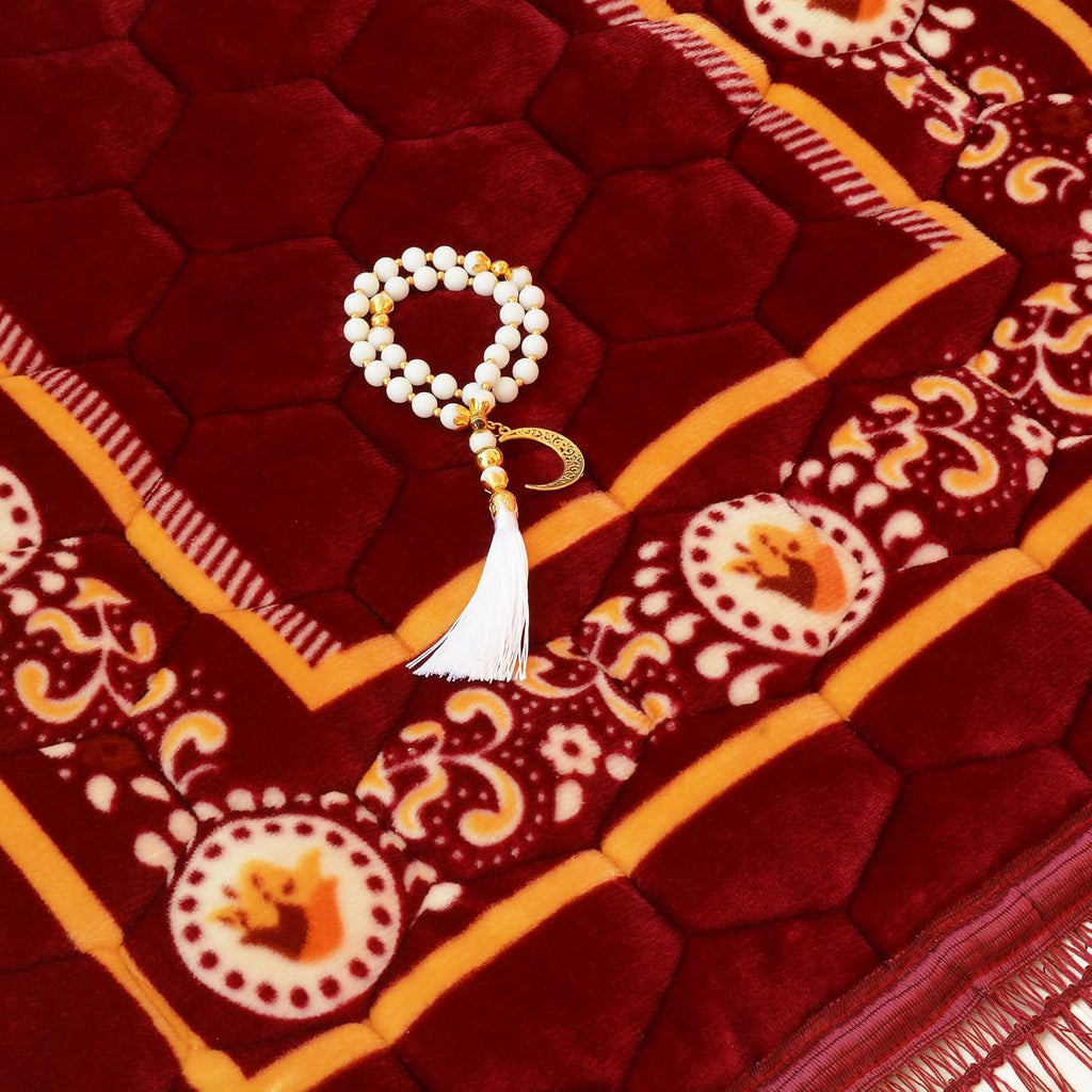 Prayer Rug Muslim Mat Islamic - Padded Very Thick Prayer Rug Sajadah for Men Women with Islam Prayer Beads, Soft and