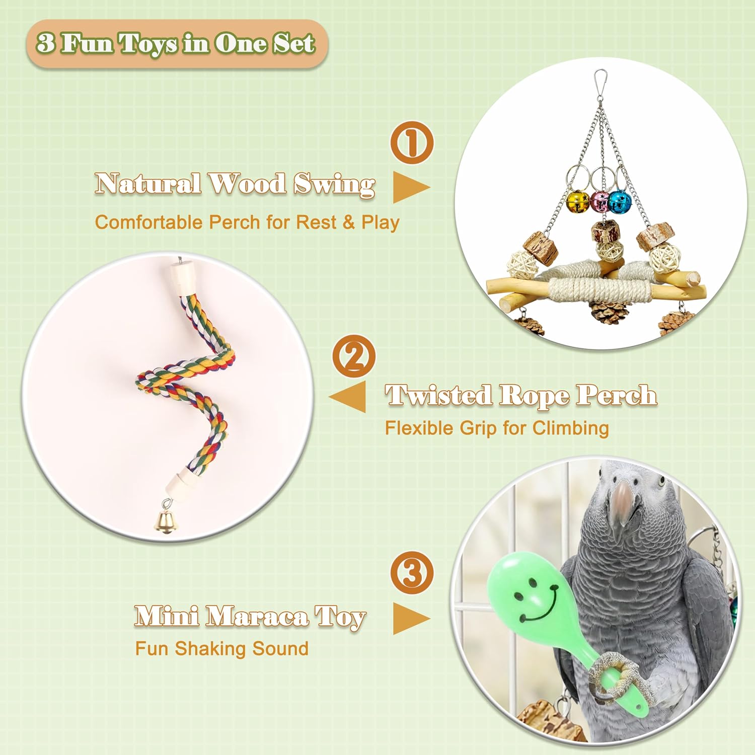 3 in 1 Bird Swing and Climbing Rope Set Triangle Wooden Perch with Bells and Natural Chew Toys Flexible Cotton Rope