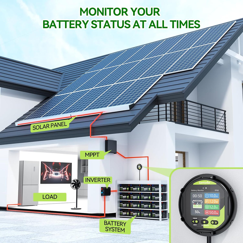 0-500A Battery Monitor with Shunt, 8-120V IP68 Waterproof LCD Screen with Buzzer Alarm for RV Solar Marine Off-Grid