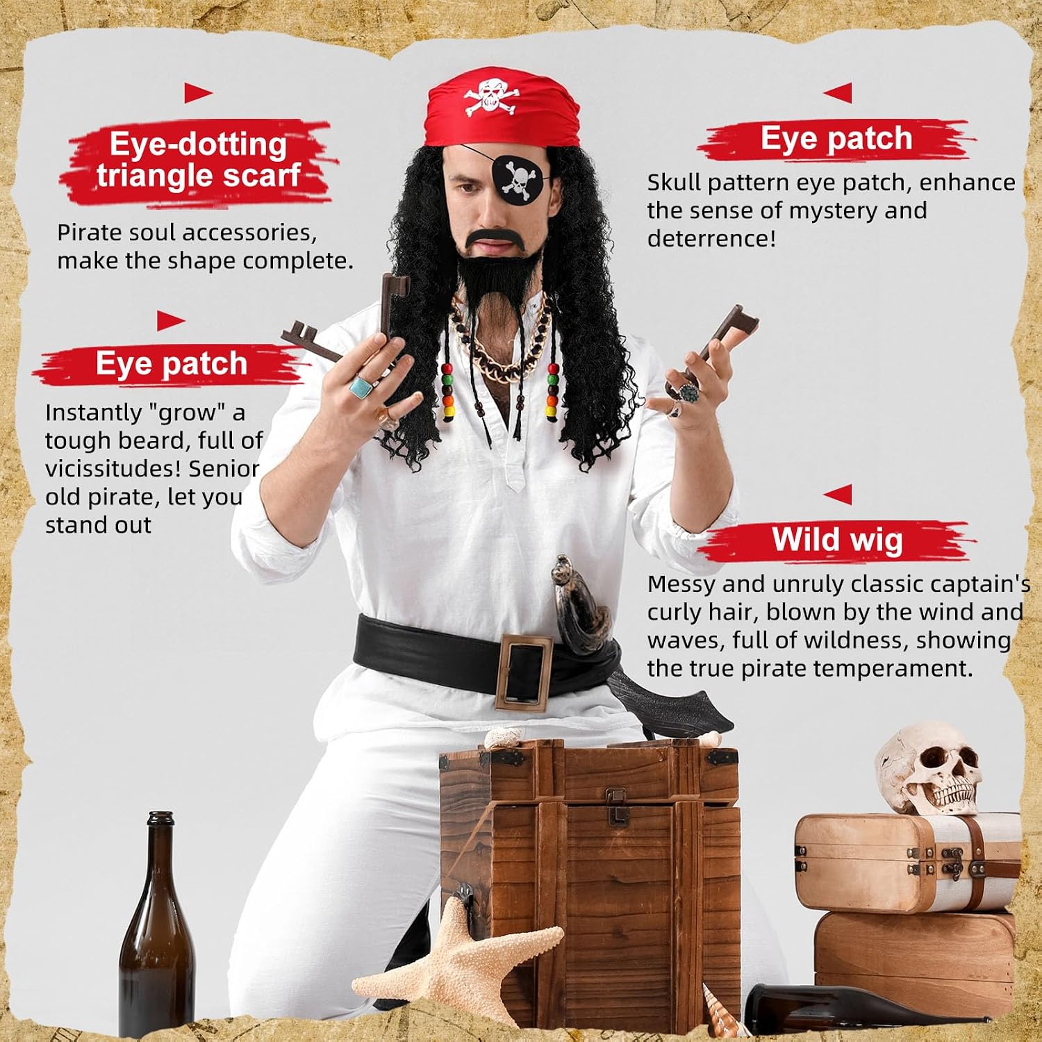Pirate Costume Accessories Set for Women Men | Captain Hat, Bandana, Eyepatch, Earring, Necklace, Beard Wig, Dress Up