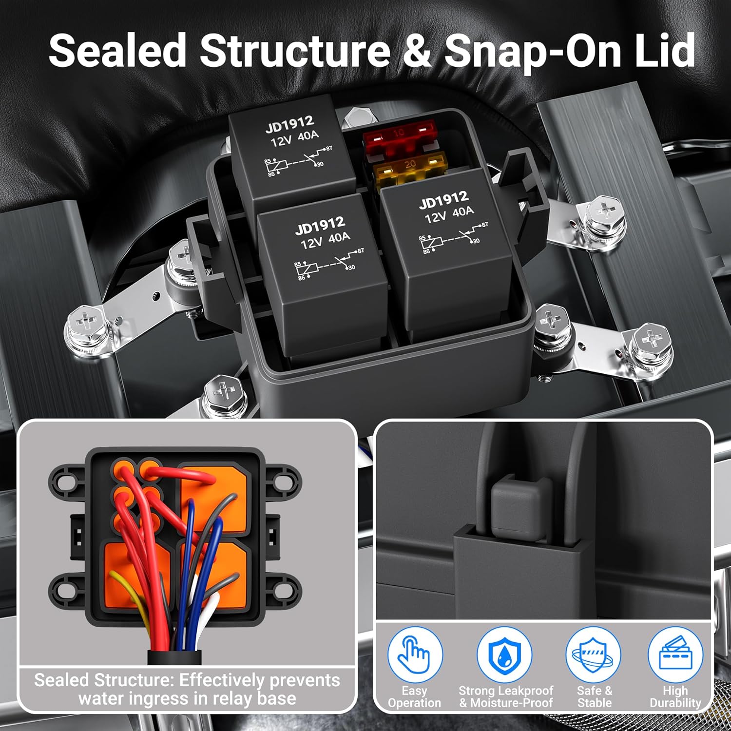12V 3 Way Waterproof Relay Box Pre-Wired Fuse and Relay Box 3x4 Pin 40A Relay and 3 ATC/ATO Blade Fuse for Automotive