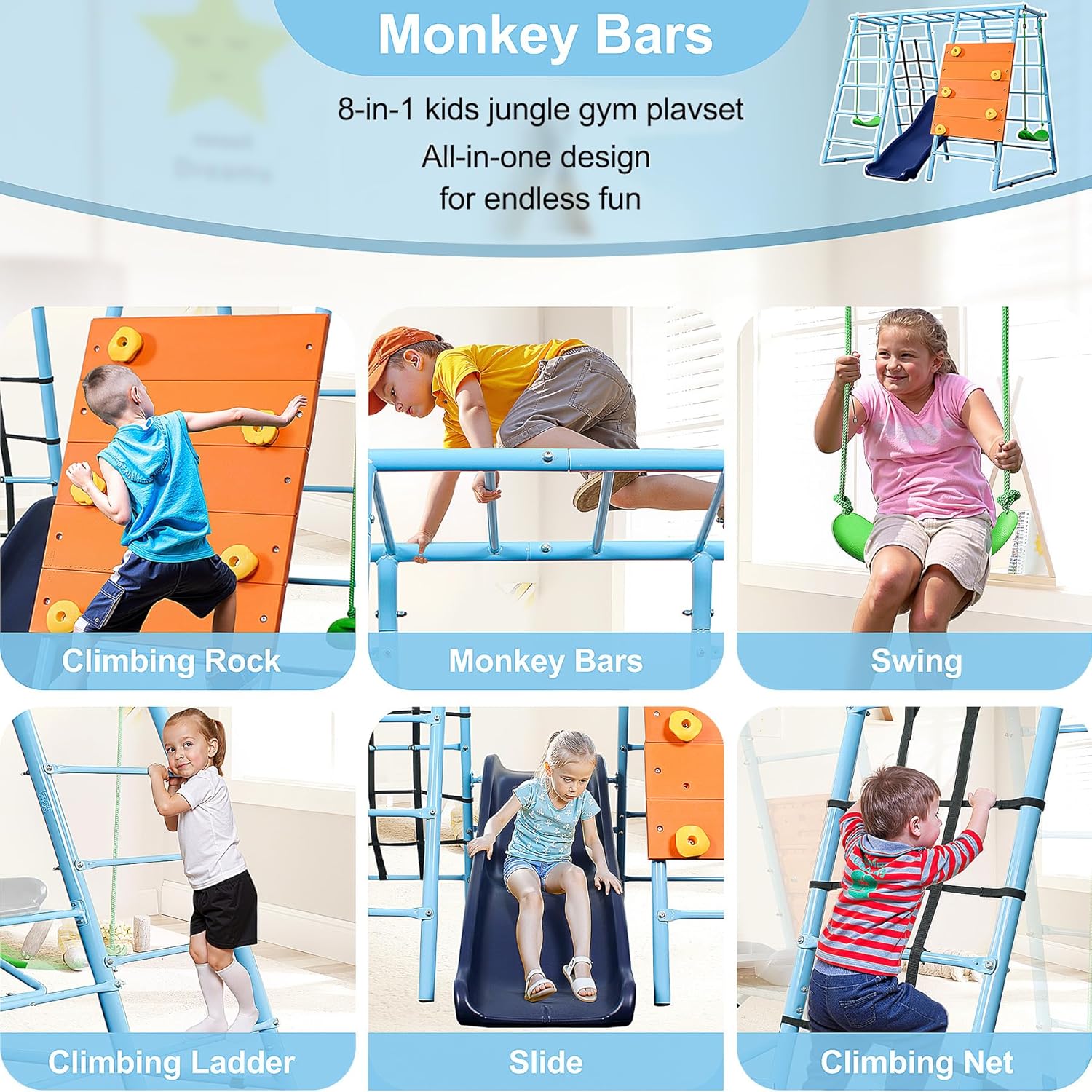 6 in 1 Indoor Playground, Metal Jungle Gym with Climbing Wall, Slide, Monkey Bars, Rope Ladders and Two Swings