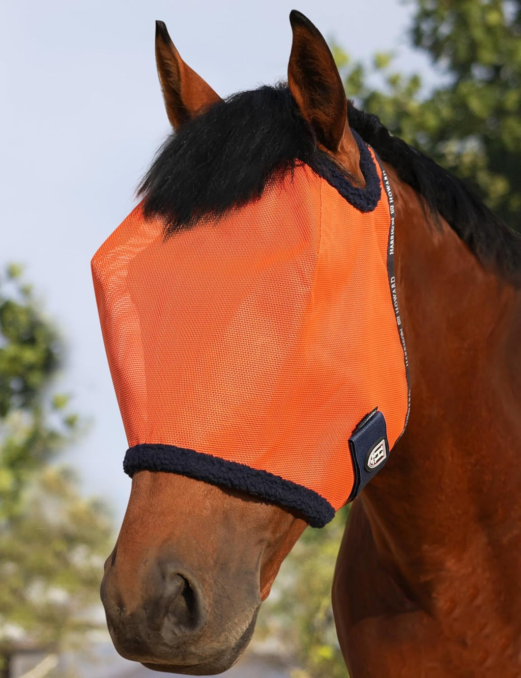 All Round Mesh Horse Fly Mask UV Protective with Fleece Padded Edging Vibrant Orange L
