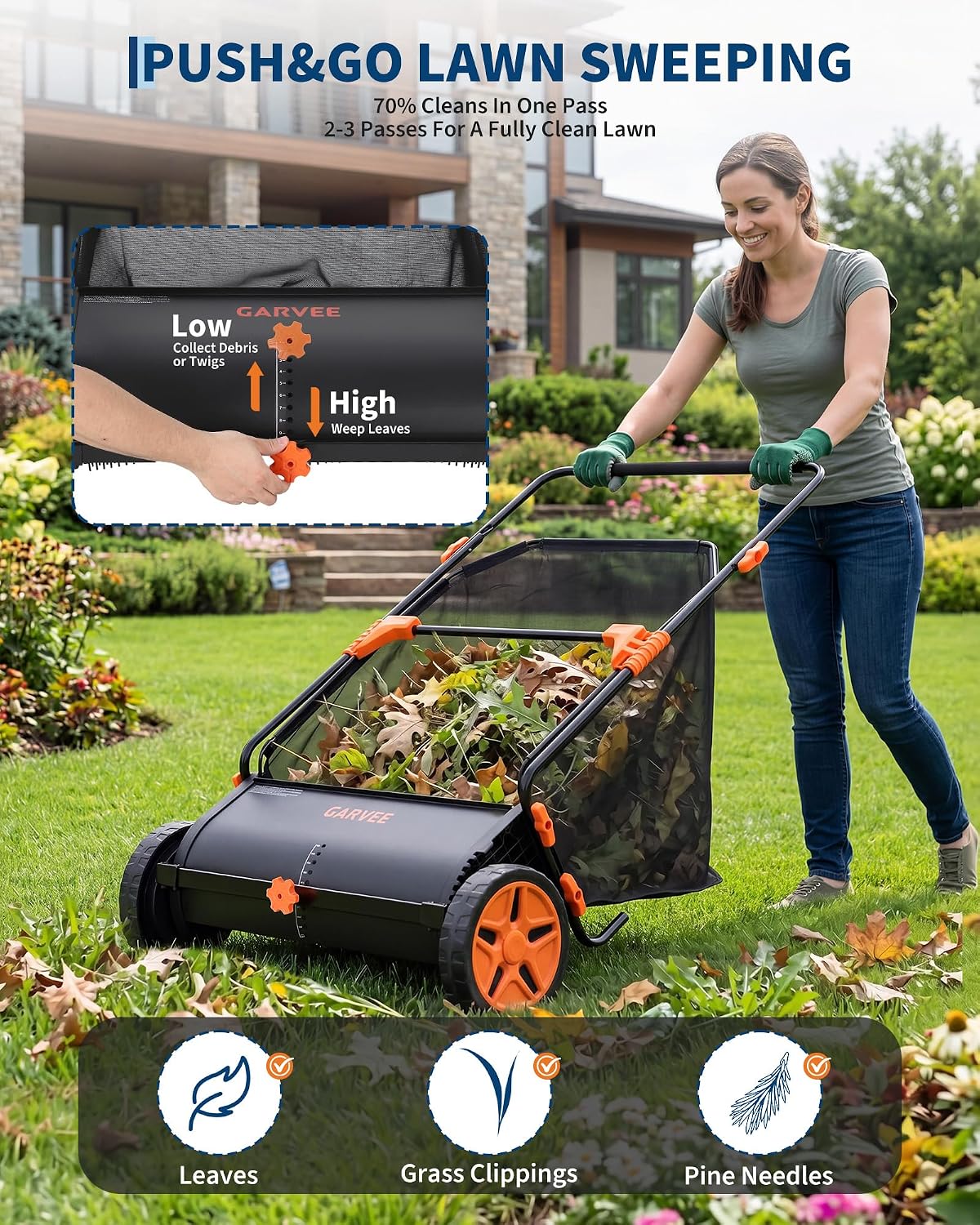 26 Inch Push Lawn Sweeper with Large 7 cu ft Collection Bag, Heavy Duty