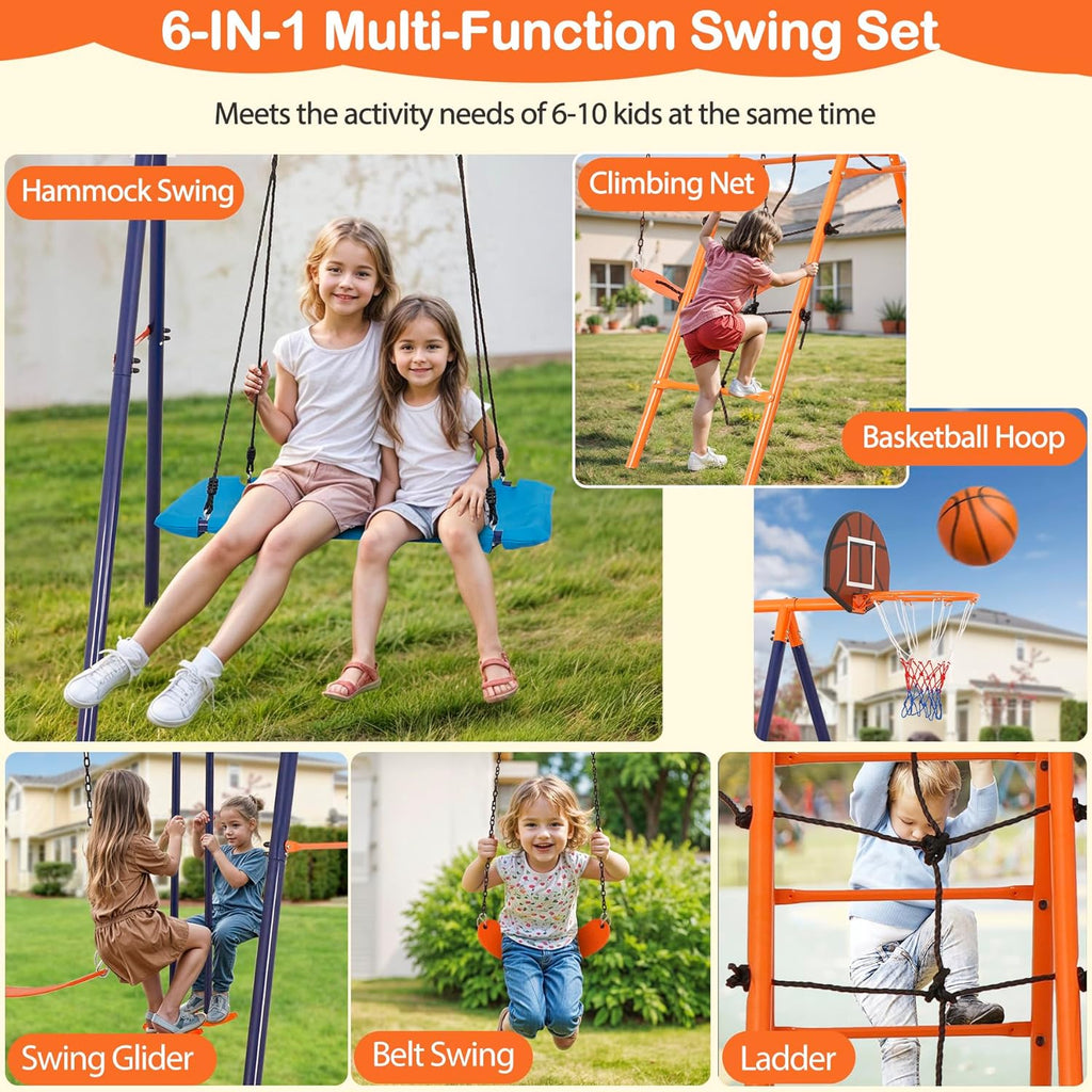 6-in-1 Outdoor Swing Set for Kids, Heavy Duty Metal Playset with Adjustable Swings, Climbing Ladder, Rope Net, Swing