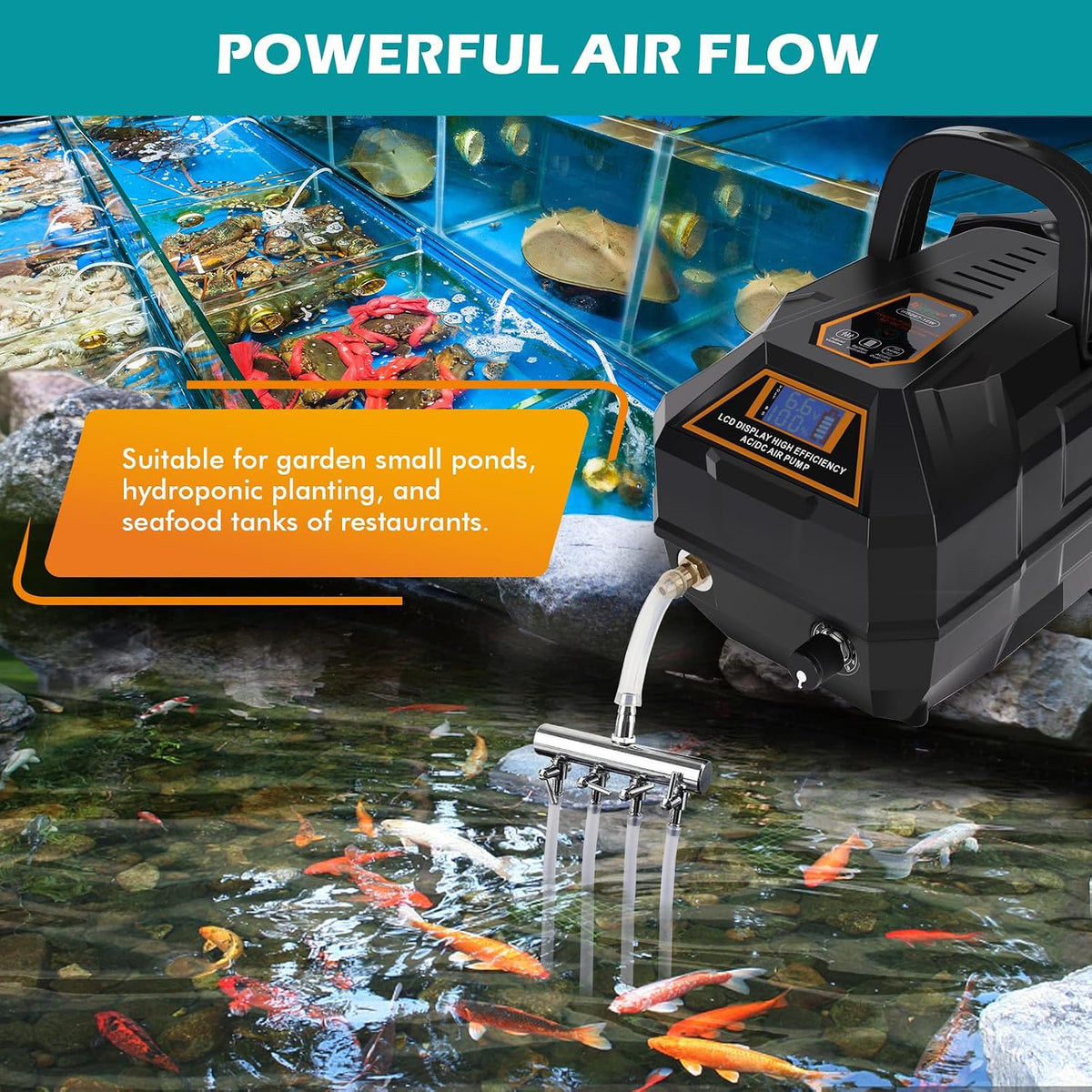 Rechargeable Aquarium Pond Air Pump, Powerful Quiet Commercial Tank Air Pump with Hose Air Stone Check Valve