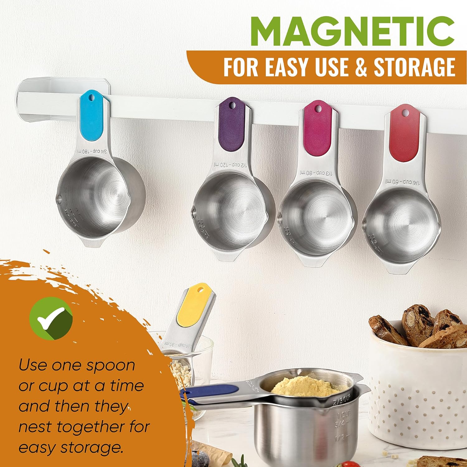 Magnetic Measuring Cups & Spoons Set, Patented, Strong N45 Magnets, Heavy Duty Stainless Steel Fits in Spice Jars for
