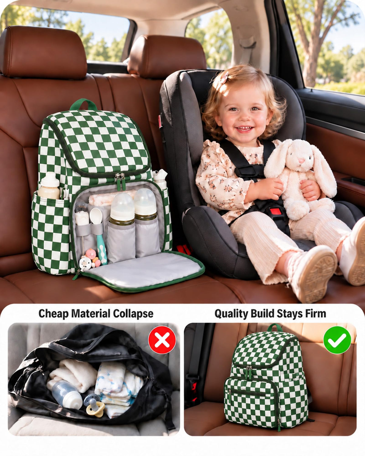 Checkered Diaper Bag Backpack with Changing Pad & Stroller Clips