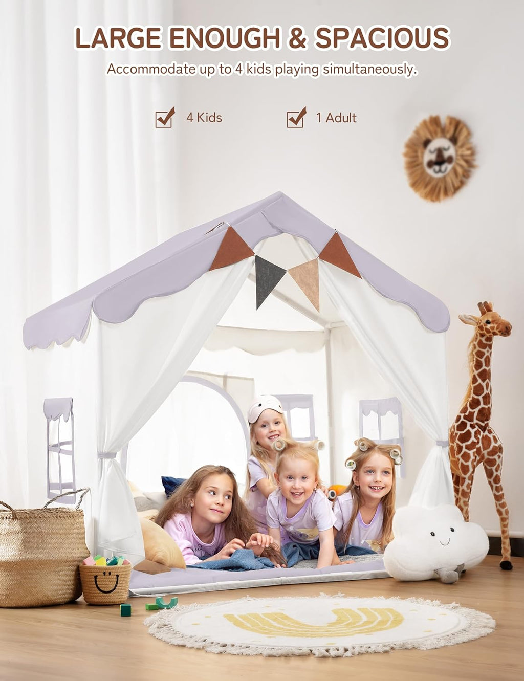 Kids Play Tent 2 in 1 with Padded Mat and Lights, Large Kids Playhouse with 2 Doors & 4 Windows, Indoor & Outdoor
