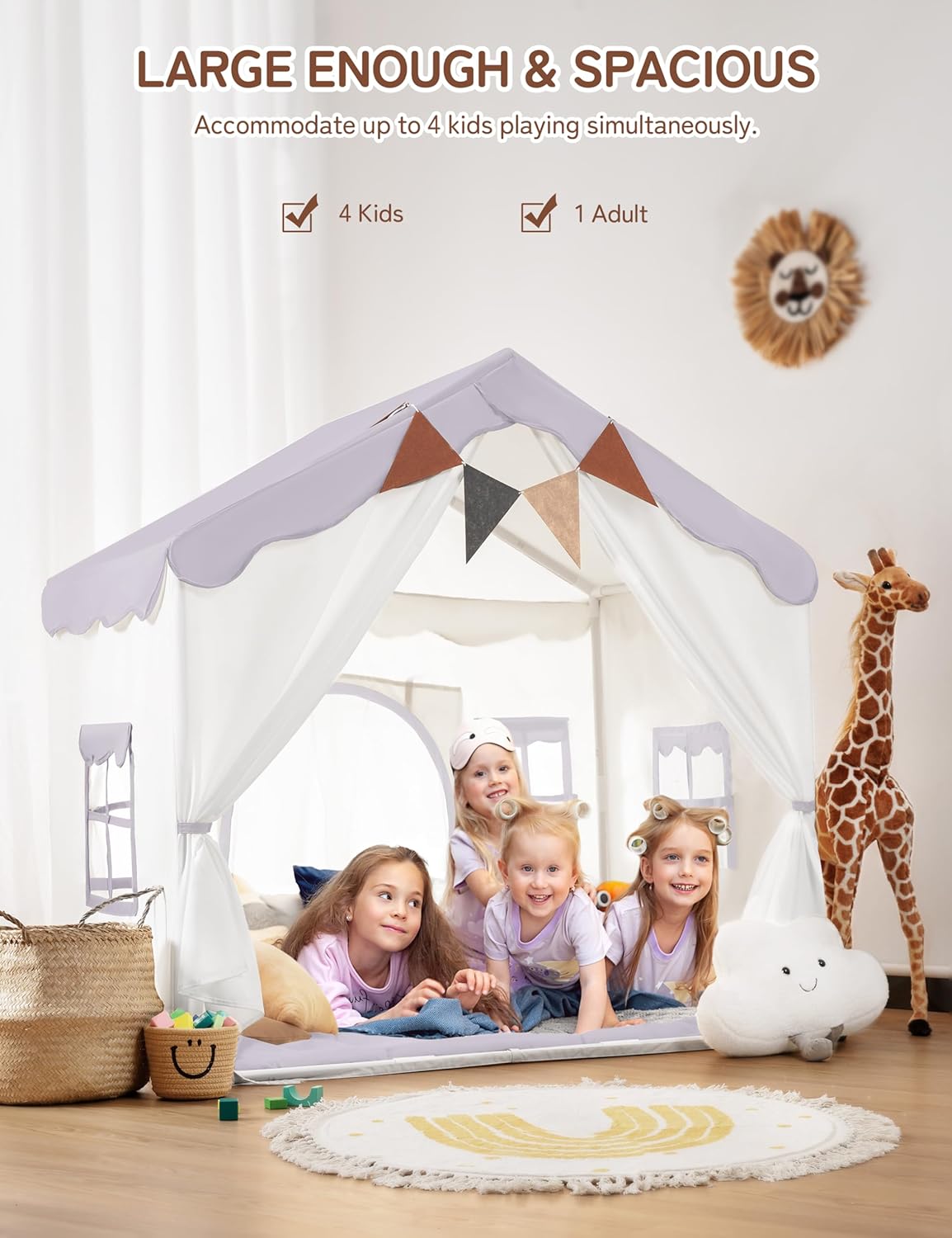 Kids Play Tent 2 in 1 with Padded Mat and Lights, Large Kids Playhouse with 2 Doors & 4 Windows, Indoor & Outdoor