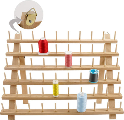 60 Spools Wooden Thread Rack | Thread Holder Organizer, with Hanging Hooks, Large Space, Used for Embroidery Quilting