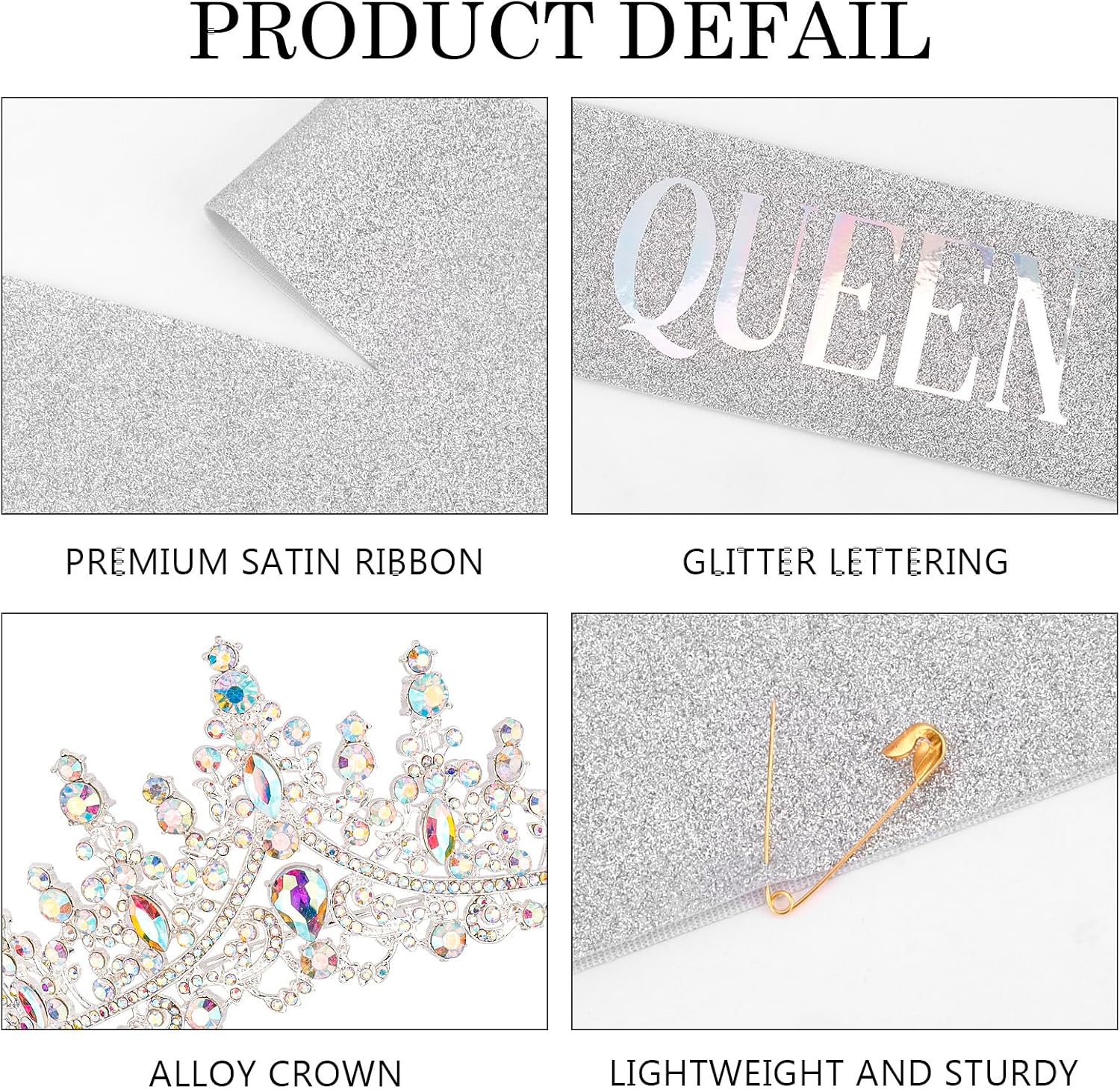 Birthday Queen Sash for Women, Tiara and Rhinestone Headband Set, Glitter Crown Hair Accessories for Girls Party