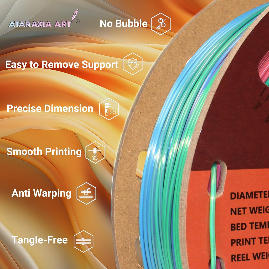 Silk Rainbow Shiny Fast Multicolor Change PLA Filament 1.75mm, Quick Random Color Change Material 3D Printing