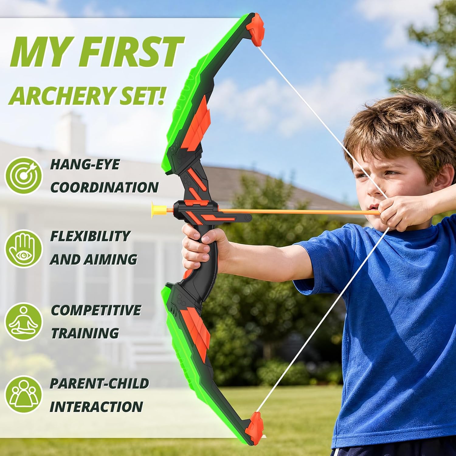 Bow and Arrow for Kids, LED Light Up Archery Set, Green | with 12 Suction Cup Arrows, 1 Standing Target, 3 Score