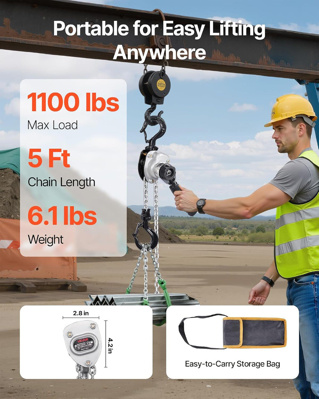 Manual Lever Chain Hoist, 1/2T 1100LBS Capacity Heavy Duty Come Along, 5FT Lift G80 Alloy Steel Chain with Dual Pawl
