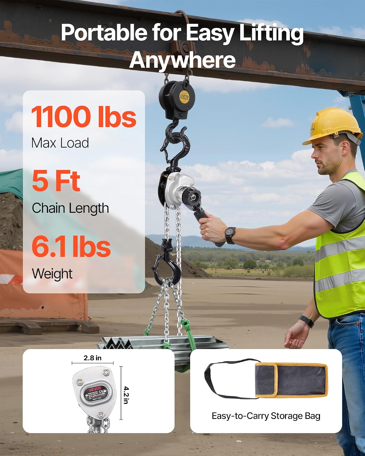 Manual Lever Chain Hoist, 1/2T 1100LBS Capacity Heavy Duty Come Along, 5FT Lift G80 Alloy Steel Chain with Dual Pawl