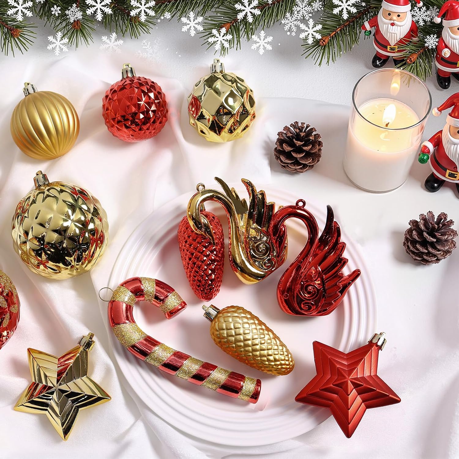 128pcs Christmas Balls Ornaments Set, Red and Gold | Shatterproof Plastic Baubles Christmas Flowers, Tree Topper &