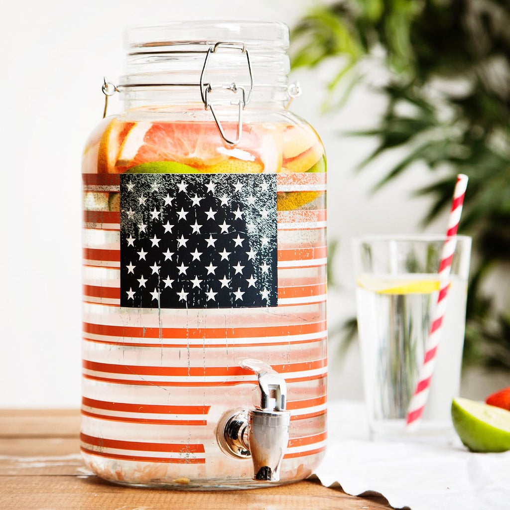 Drink Dispenser, Glass Beverage Dispenser Set (USA Flag-1 Gallon)