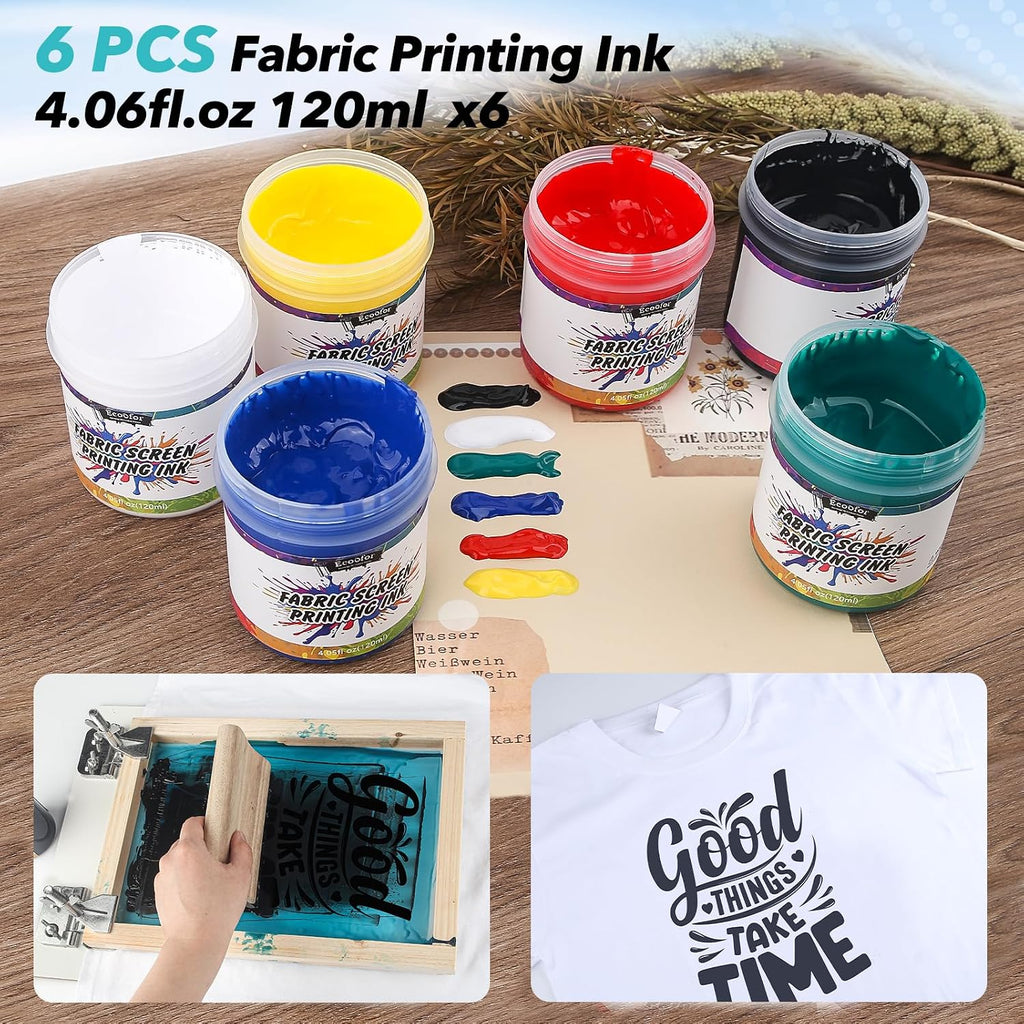 Screen Printing Kit 63pcs All-in-One Set with 50W LED UV Light, 3 Size Wood Screen Printing Frames, 6 Colors Screen
