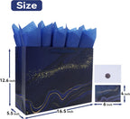 16.5'' Extra Large Blue Marble Gift Bag Set with Handles, Greeting Card, Tissue Papers and Stickers for Men Boys Kids