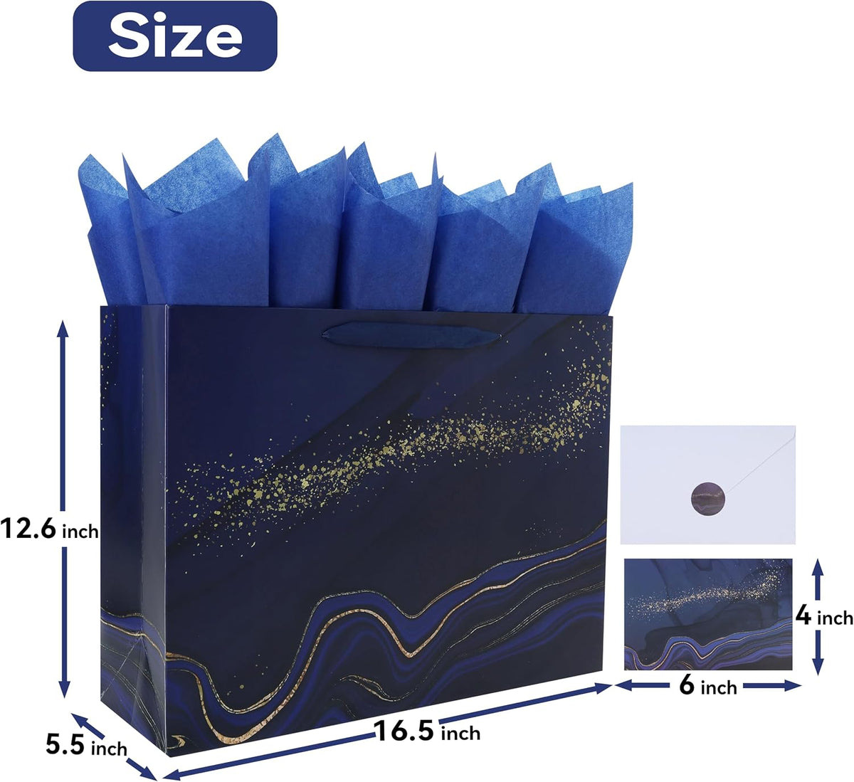 16.5'' Extra Large Blue Marble Gift Bag Set with Handles, Greeting Card, Tissue Papers and Stickers for Men Boys Kids