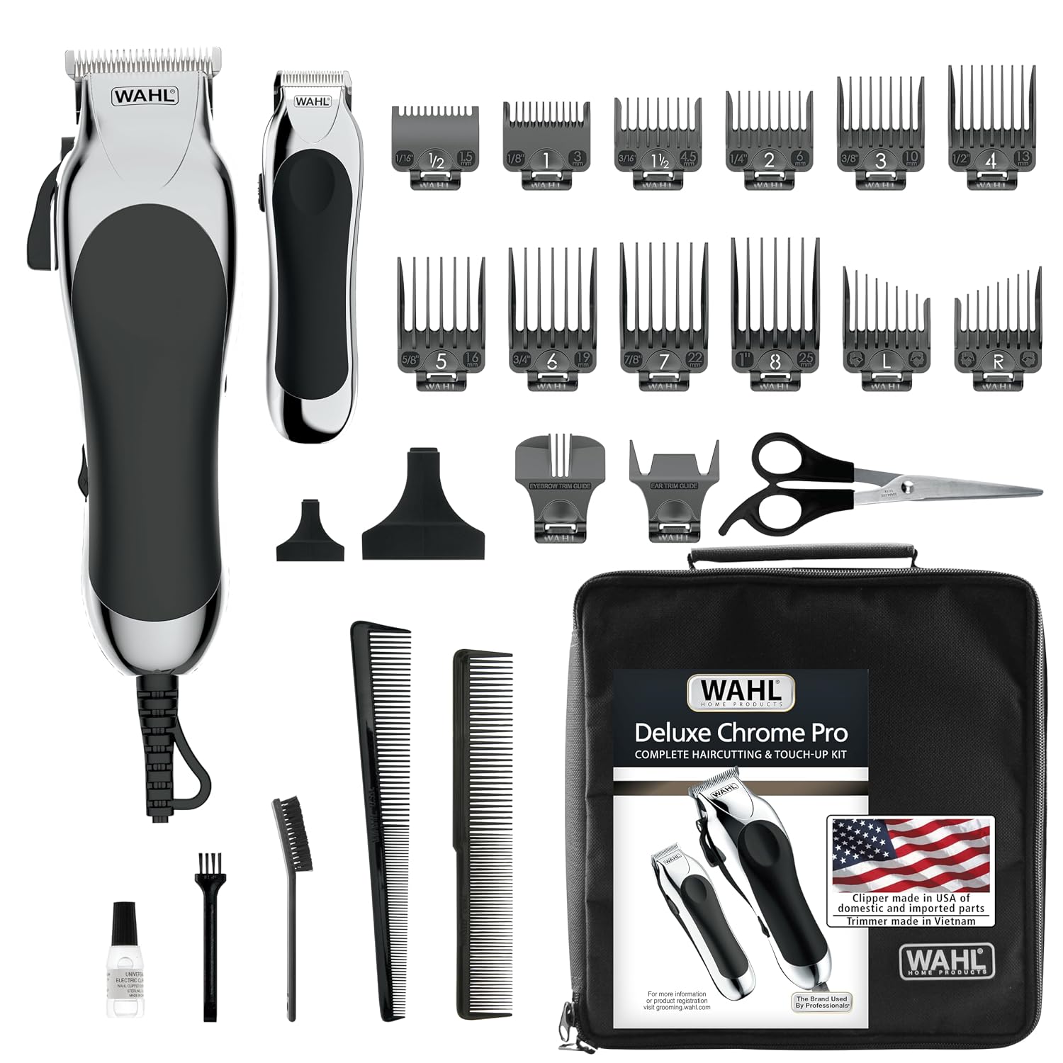 Clipper USA Deluxe Corded Chrome Pro Complete Hair & Trimming Kit | Complete Home Haircutting Kit Includes Corded