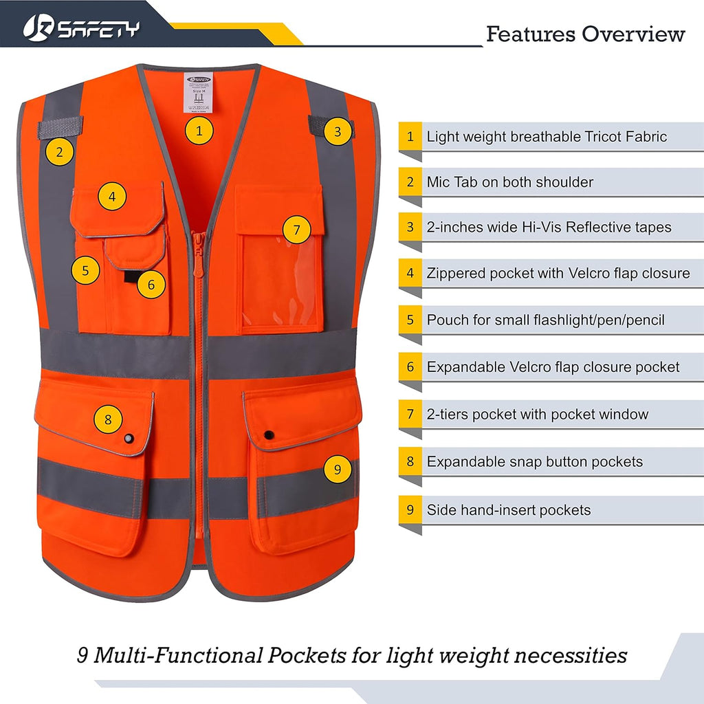 Safety Vest for Men Women Reflective Hi Vis JK150 Orange XL | ANSI Class 2, 9 Pockets, 4 Reflective Strips High