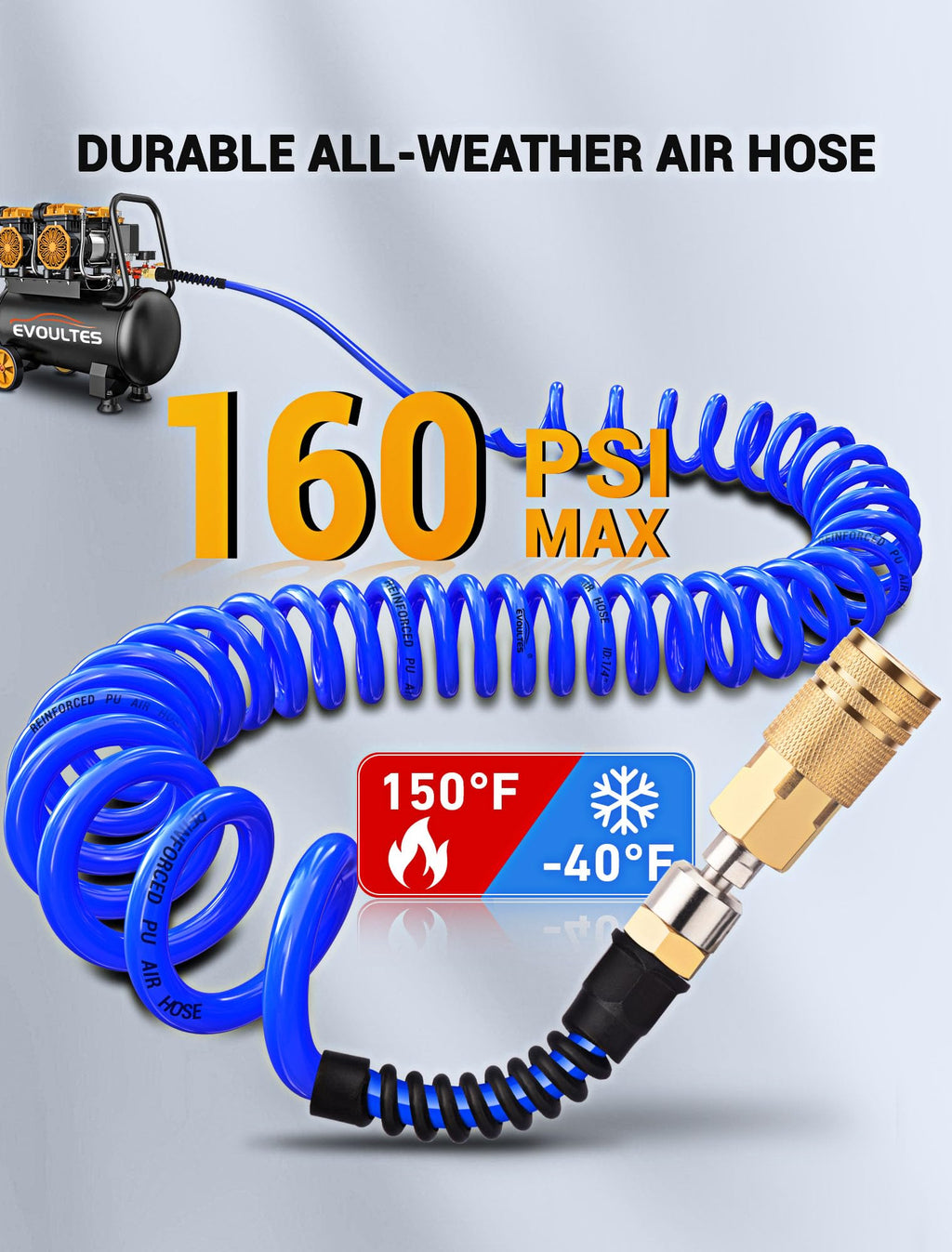 EVOULTES 1/4 In x 28 Ft Polyurethane Recoil Air Compressor Hose