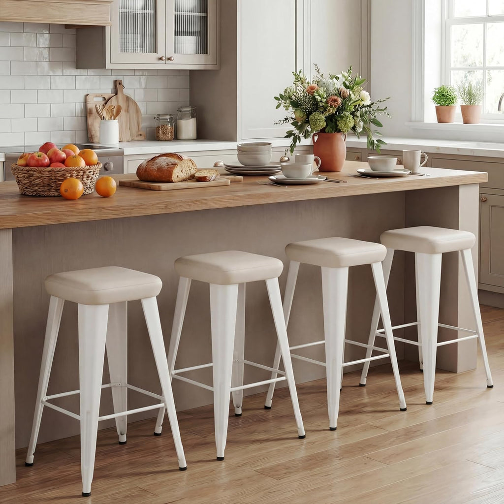 Backless Bar Stools Set of 4, 26" Farmhouse PU Leather Barstools