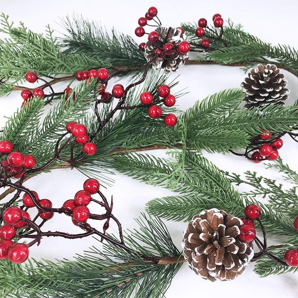 Christmas Artificial Pine Garland with Spruce Cypress Berries Frosted Pinecones Winter Greenery Garland for Holiday