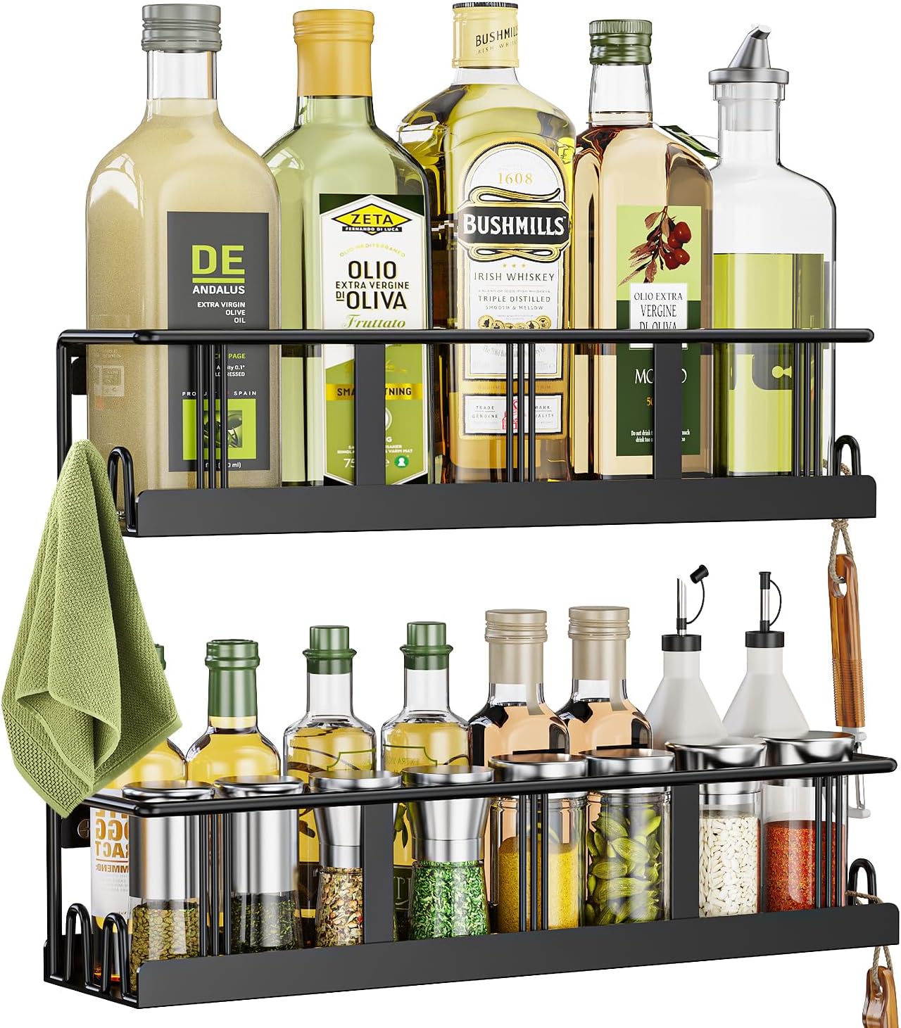 Spice Rack Wall Mounted 2 Pack,RV Spice Rack,Black | 8 Built-in Hooks,2 Versatile Sizes, Space-Saving,Flat Base