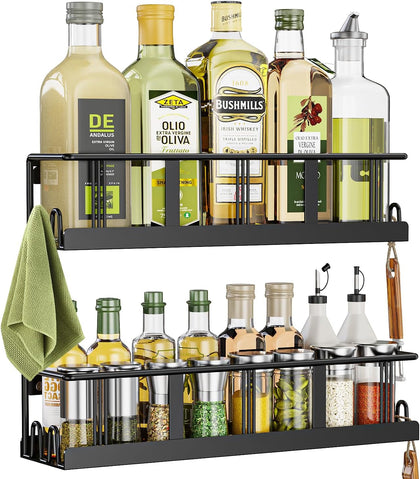 Spice Rack Wall Mounted 2 Pack,RV Spice Rack,Black | 8 Built-in Hooks,2 Versatile Sizes, Space-Saving,Flat Base