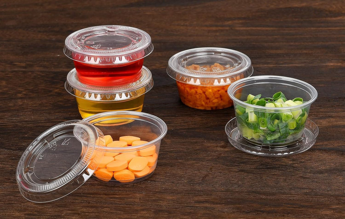 Clear Disposable Plastic Portion Cups with Leakproof Lids | 2 Oz, 100 Sets | BPA Free, Recyclable Jello & Dipping