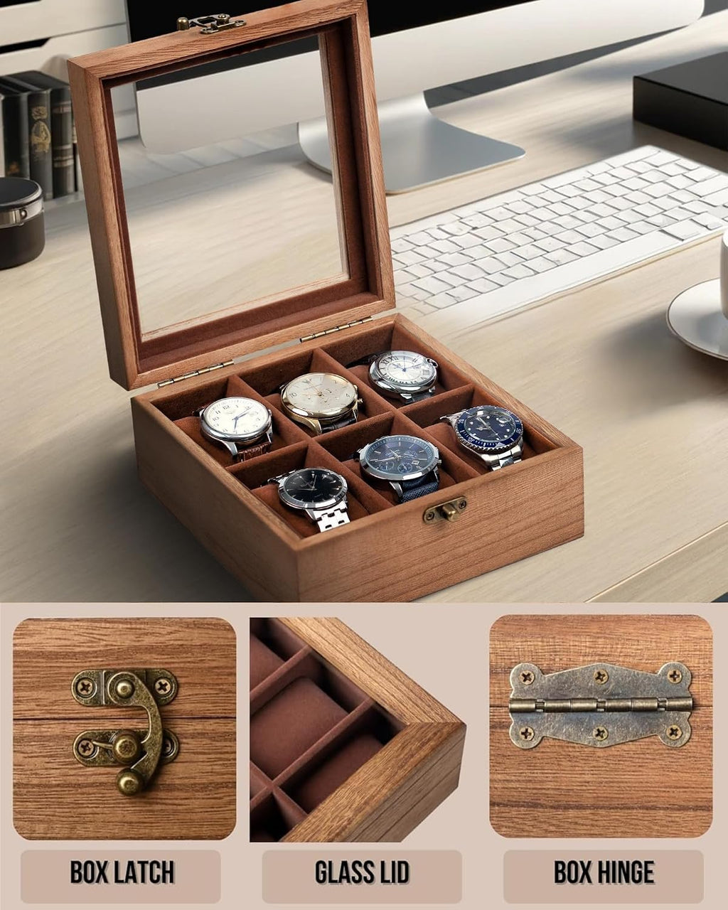 Watch Box, Watch Case for Men Women with Large Glass Lid, Wooden Watch Display Storage Box with 6 - Slots, Retro