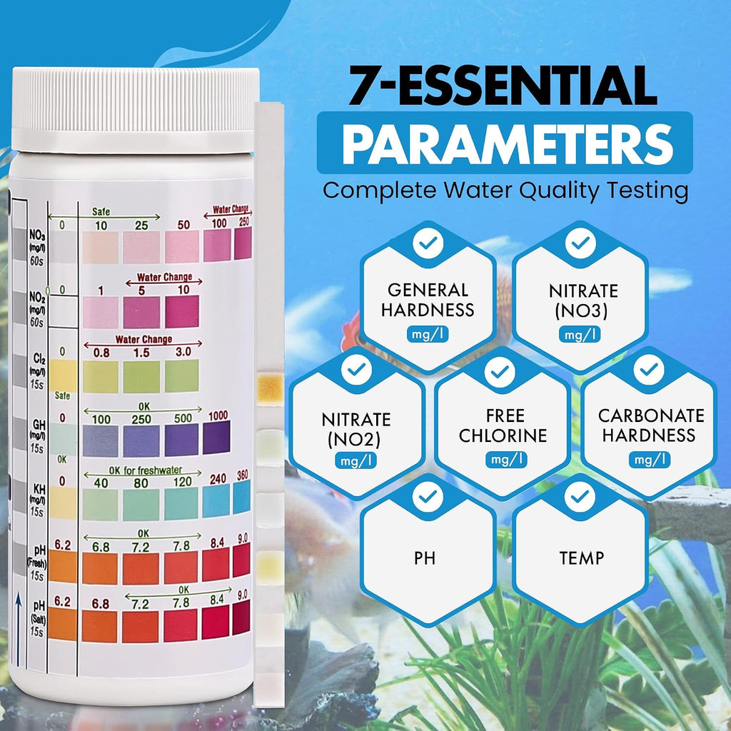 7 in 1 - Aquarium Test Strips | 100 Fast & Accurate Strips | Fish Tank Aquariums Water Test Kit & ebook | Aquarium