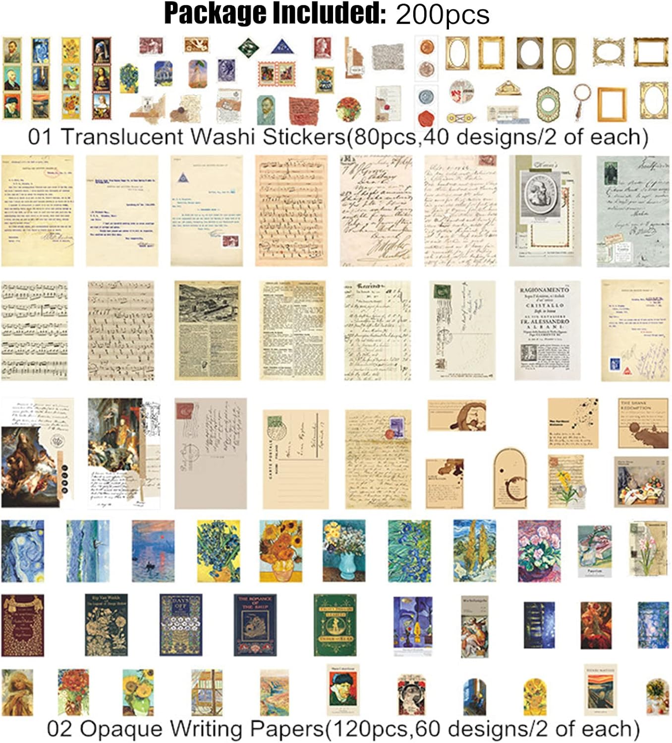 200PCS Vintage Scrapbooking Supplies Kit for Journaling, Junk Journal Planners Aesthetic Cottagecore Room Decor Wall