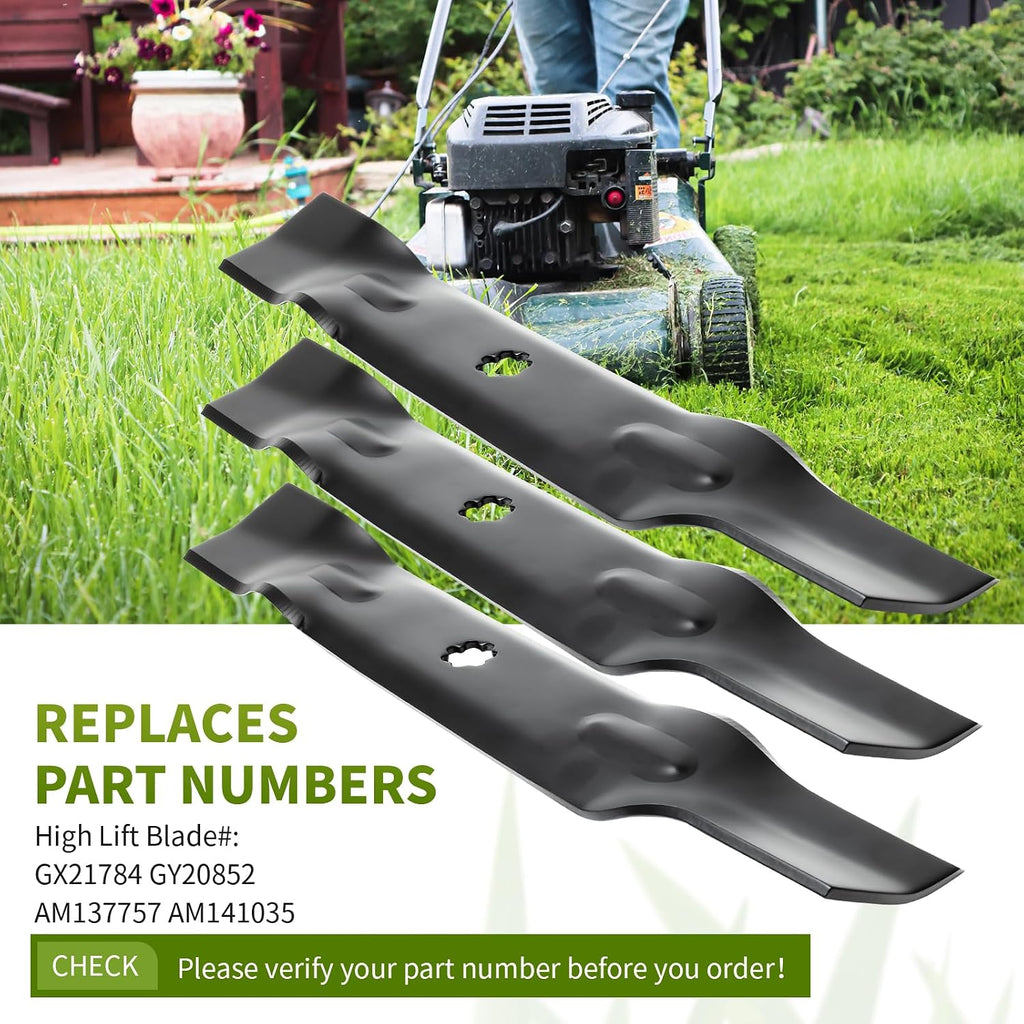 GY20852 Mower Blades Fit for John Dee re 48" Lawn Mower, GX21784 High Lift Mower Blades Compatible with 145 155C D140 D150 D160 LA130 LA140 LA145, Replace for GX21785 AM137757 AM141035, 3 Pack
