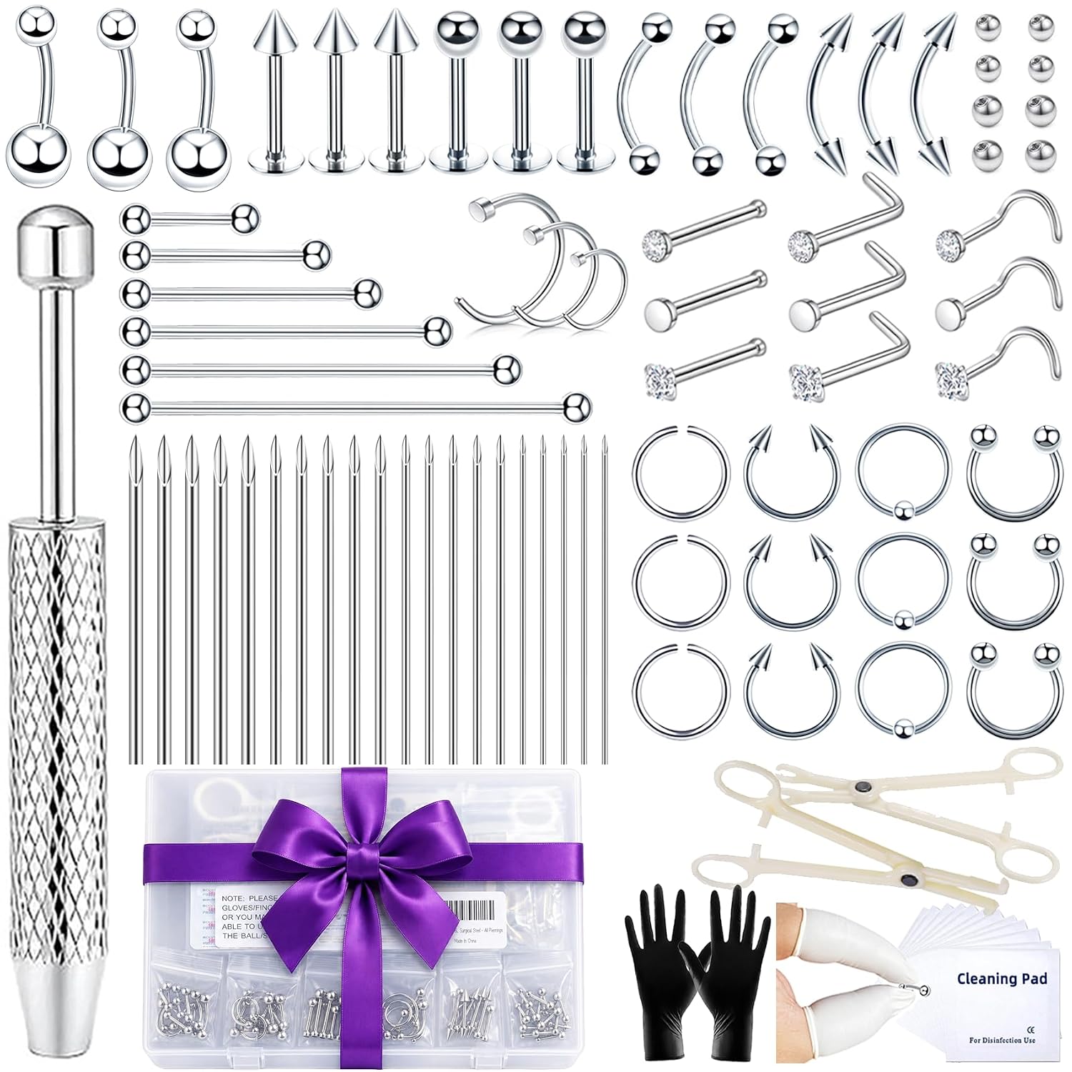 Body Piercing Kit with Piercing Jewelry, Complete 91PCS Set