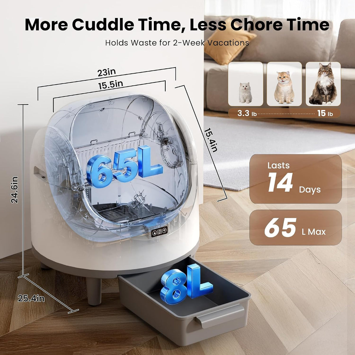 Self Cleaning Litter Box, Large Capacity Automatic Litter Box for Multiple Cats, App Control, Safety Sensors, 2 Rolls