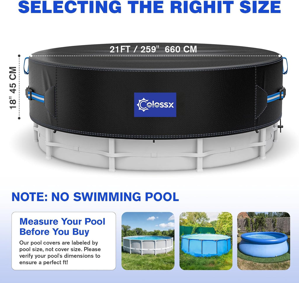 21 Ft Round Pool Cover with Reflective Strips, 600D Swimming Pool Cover for Above Ground Pools, Solar Cover with