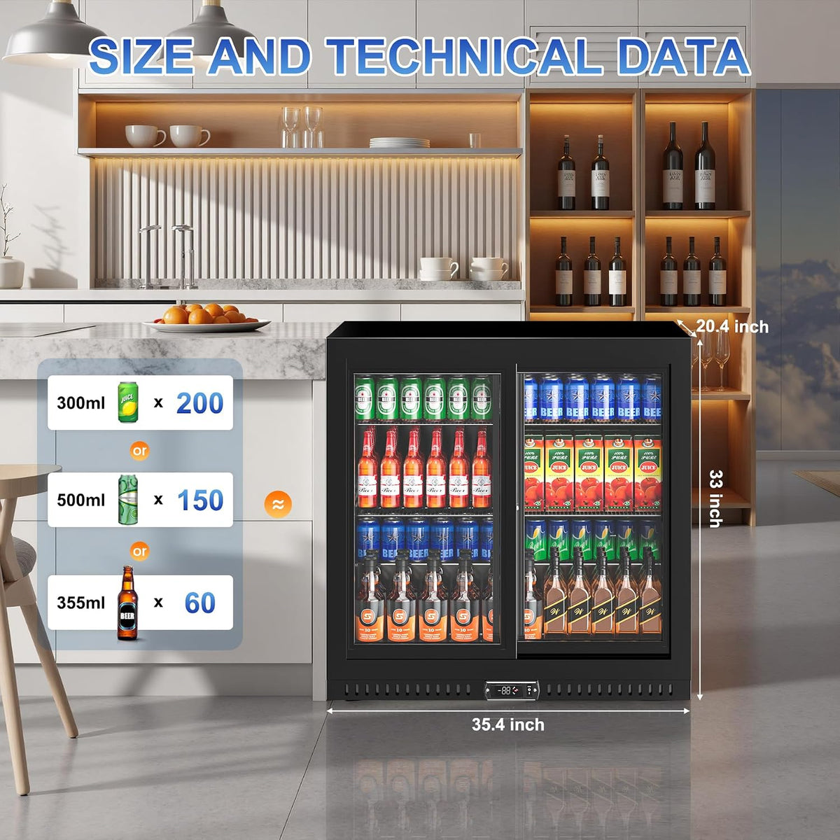Back Bar Cooler with Sliding Doors, Counter Height Beverage Cooler